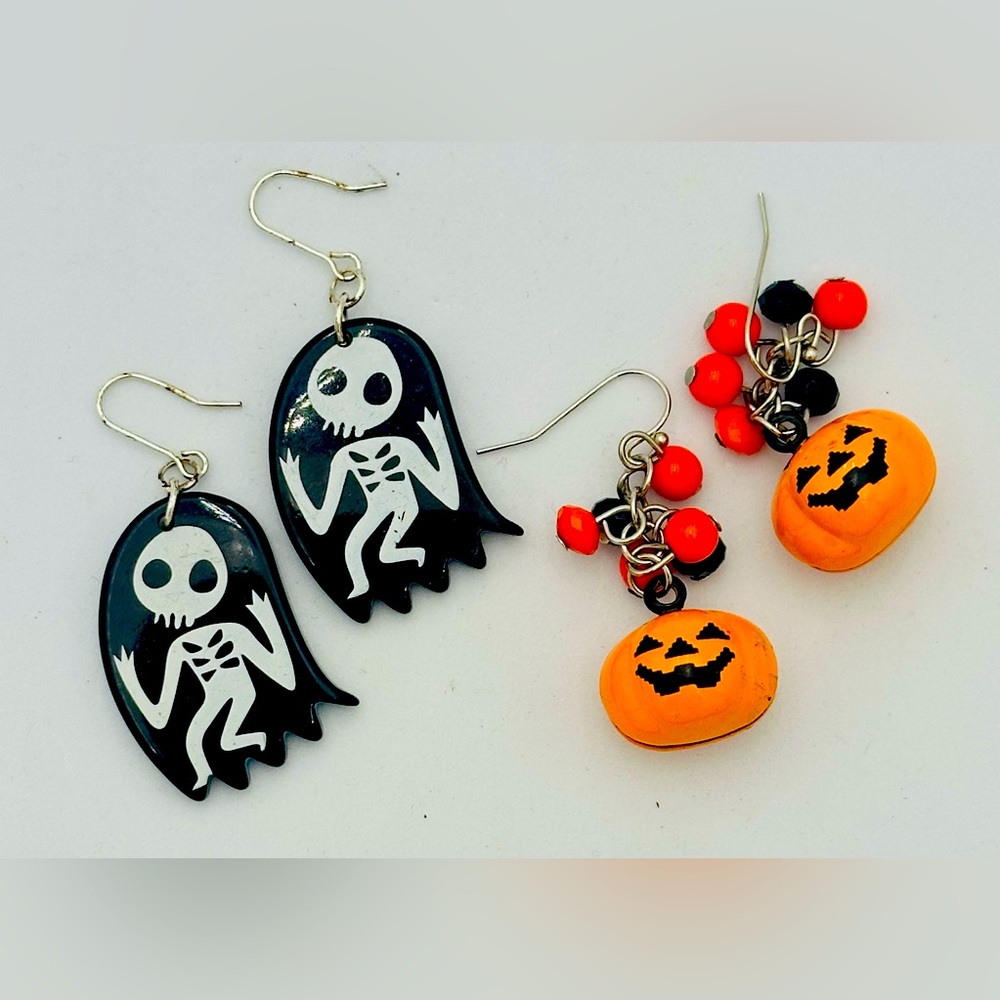 Lot Halloween Earrings Skeleton Plastic Pumpkin Jingle Bell Jack O Lantern Hook